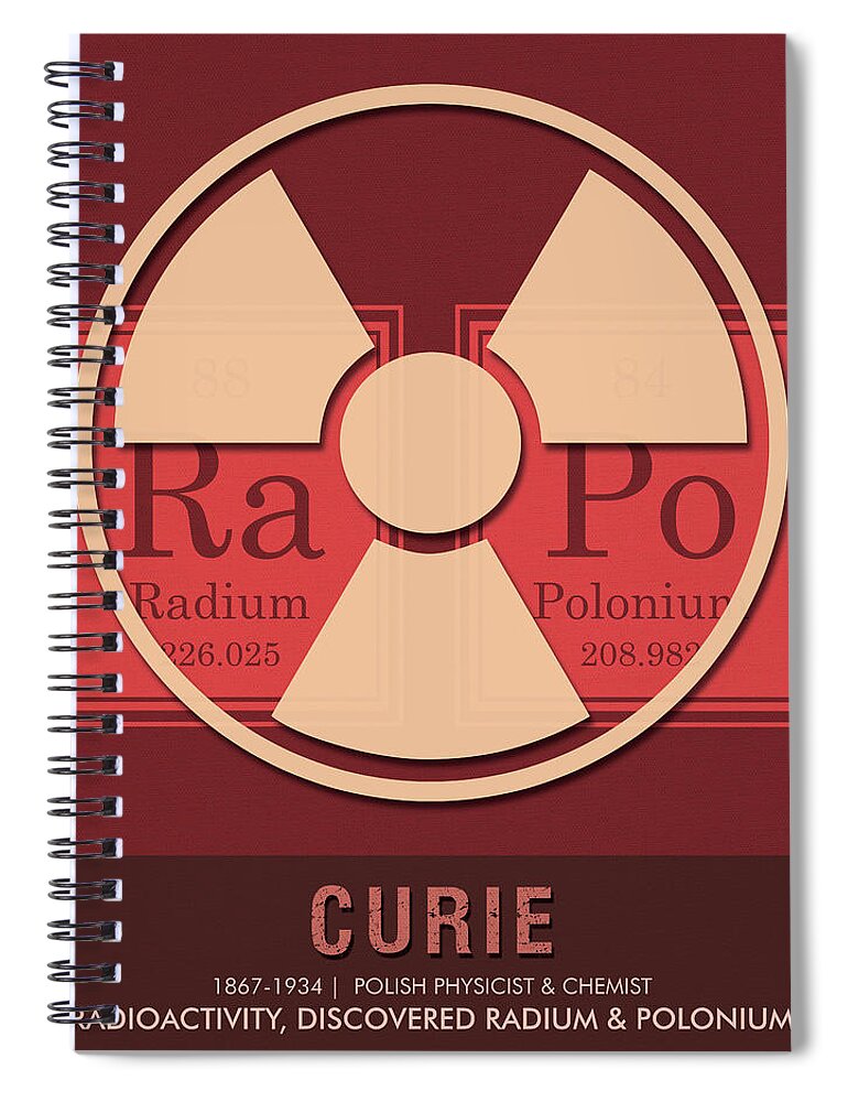 Marie Curie Spiral Notebook featuring the mixed media Science Posters - Marie Curie - Physicist, Chemist by Studio Grafiikka