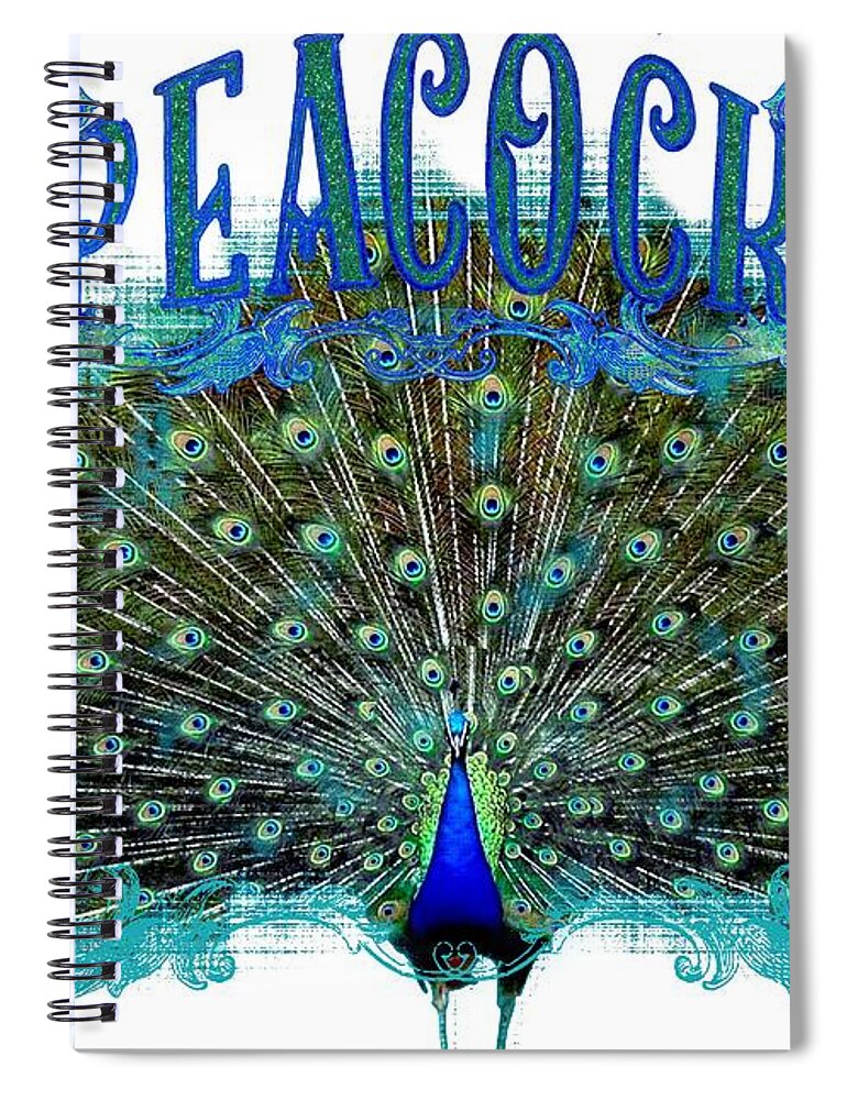 Peacock Spiral Notebook featuring the painting Scroll Swirl Art Deco Nouveau Peacock w Tail Feathers Spread by Audrey Jeanne Roberts