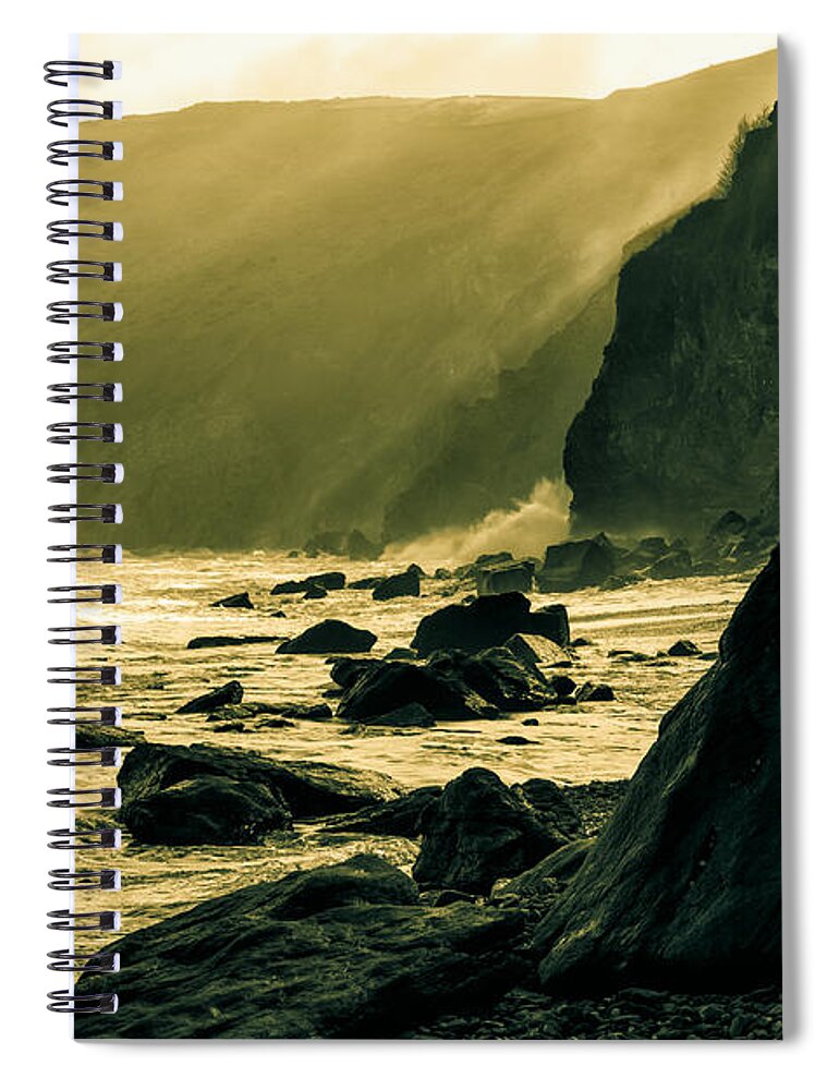 Devon Spiral Notebook featuring the photograph Sea Fret on Lynmouth Beach in shades of yellow. by John Paul Cullen