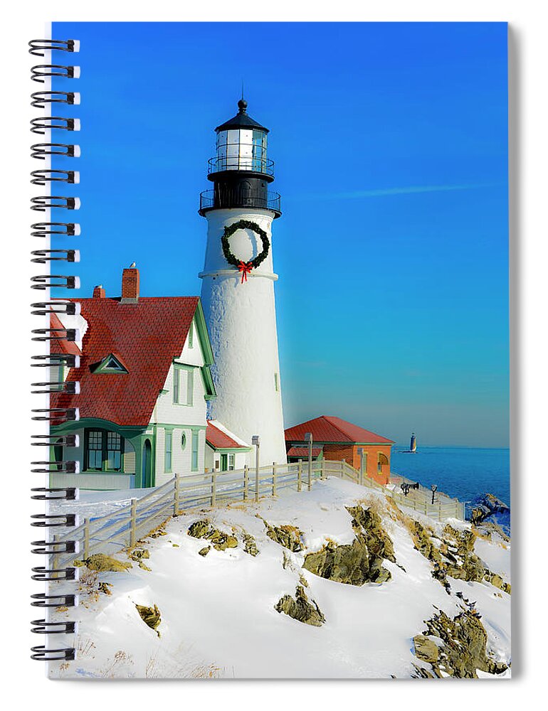 Lighthouse Spiral Notebook featuring the photograph Seasons Greetings from Portland Head Light by Jeff Cooper