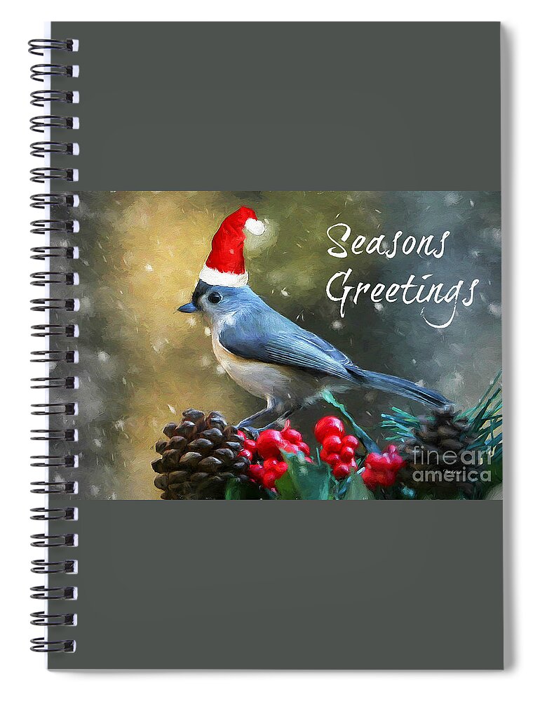 Christmas Card Spiral Notebook featuring the mixed media Seasons Greetings Titmouse by Tina LeCour