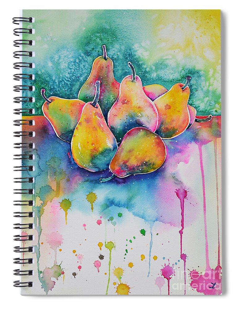 Pear Spiral Notebook featuring the painting Seven Pears on the Table by Zaira Dzhaubaeva