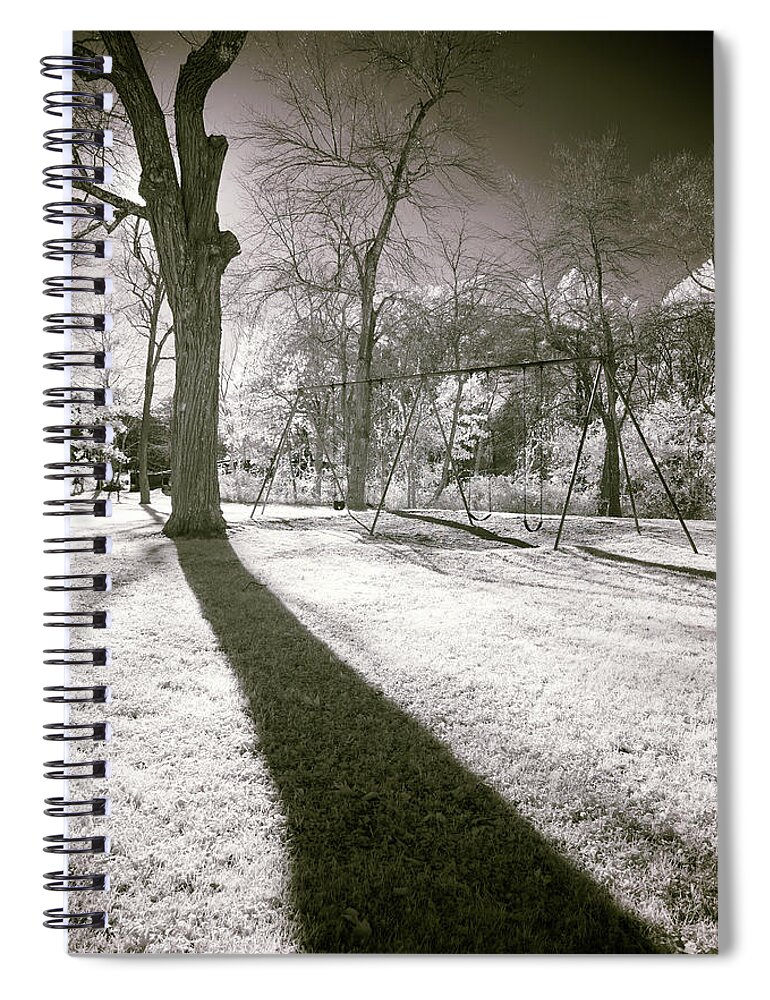 Shadow Shadows Swingset Swings Swing Set Play Ground Playground Park Public Outside Outdoors Nature Ir Infrared Infra Red Nanometer Brian Hale Brianhalephoto Hudson Ma Mass Massachusetts Sun Sky Trees Tree Spiral Notebook featuring the photograph Shadow of a Memory by Brian Hale