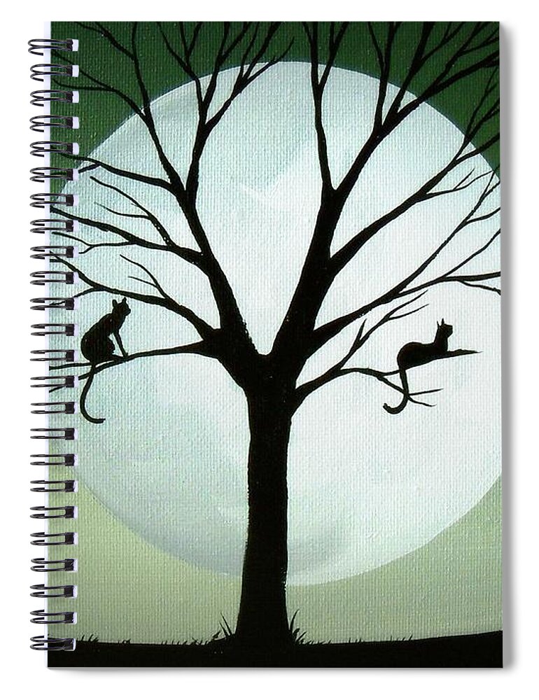 Folk Art Spiral Notebook featuring the painting Sharing The Moon - cat silhouette art by Debbie Criswell