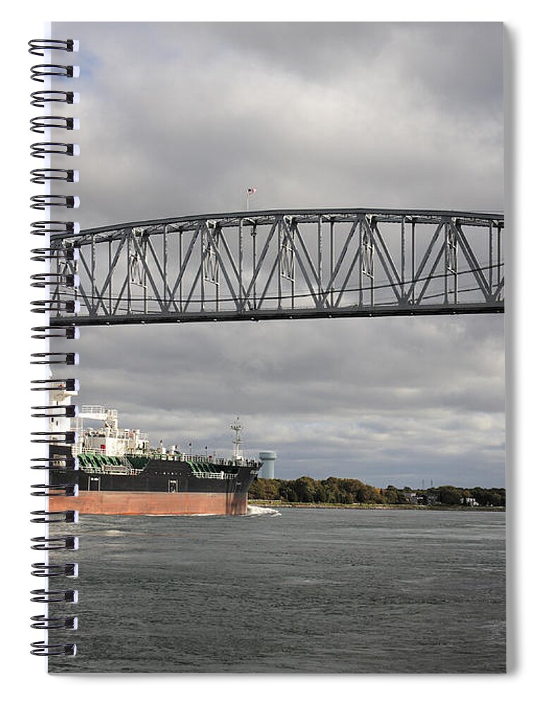 Bridge Spiral Notebook featuring the photograph Ship Under the Railroad Bridge on the Cape Cod Canal by William Kuta