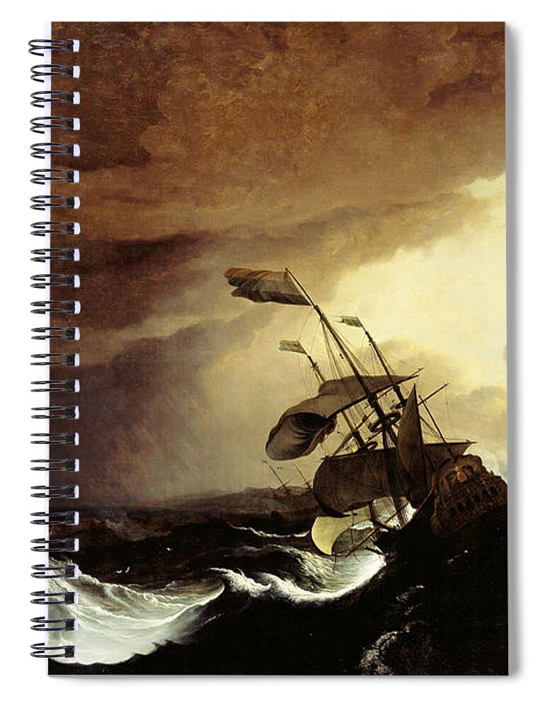 Ludolf Backhuysen Spiral Notebook featuring the painting Ships in a Stormy Sea off a Coast by Celestial Images
