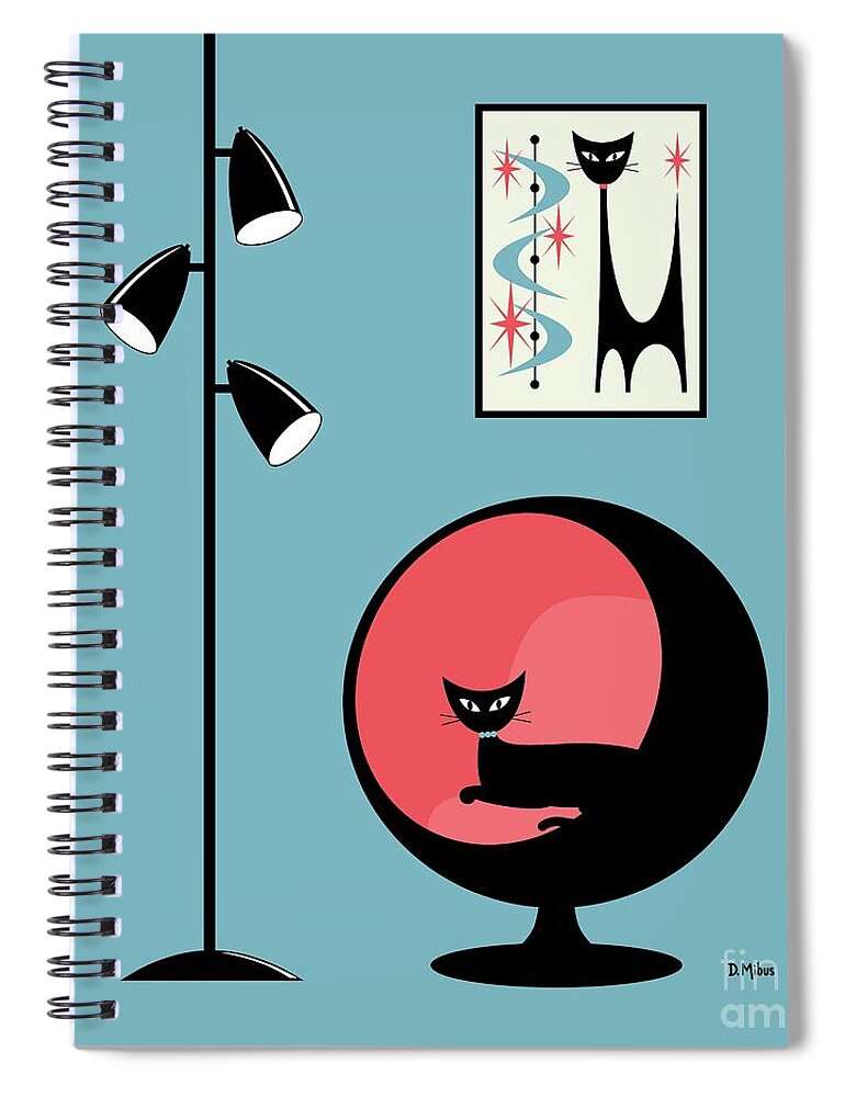  Spiral Notebook featuring the digital art Shower Curtain Mini Atomic Cat on Blue by Donna Mibus