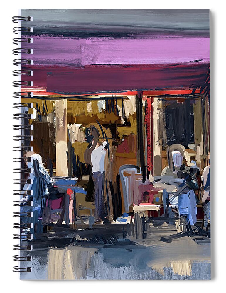 Abstract Street Scene Spiral Notebook featuring the mixed media Sidewalk Scene by Russell Pierce