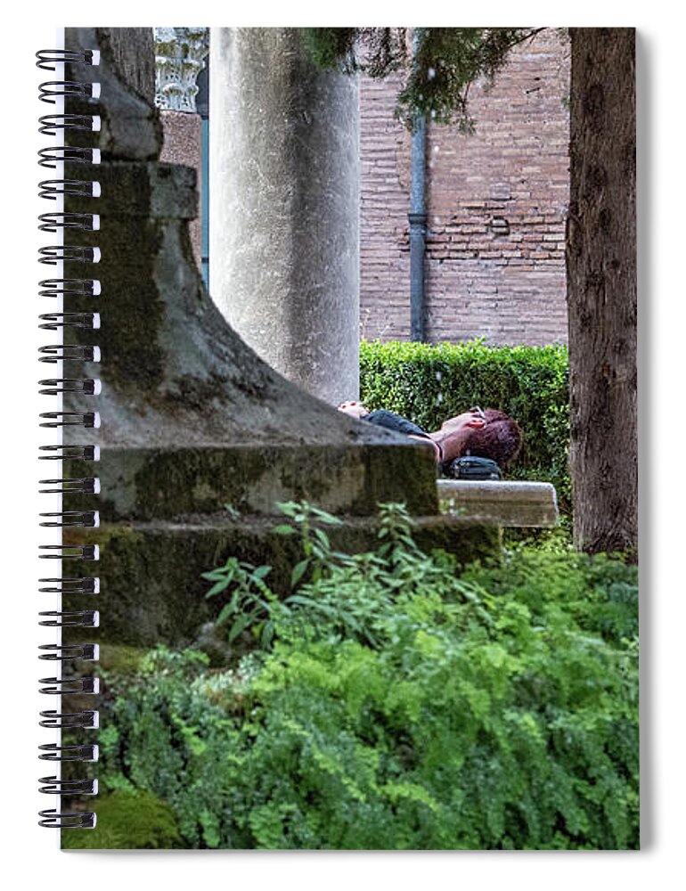 The Small Piazza In Front Of The Baths Of Diocletian Is Delightful. Sit And Watch Life. One Would Not Know That The Teeming Termini Is Just Across The Way. Spiral Notebook featuring the photograph Siesta by Joseph Yarbrough
