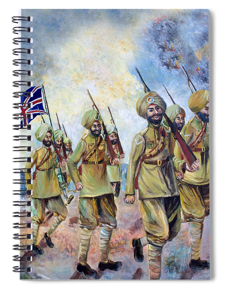#sikhs Spiral Notebook featuring the painting Sikh soldiers in France WW1 by Sarabjit Singh