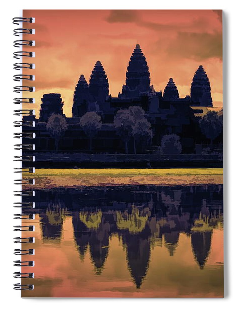 Angkor Wat Spiral Notebook featuring the digital art Silhouettes Angkor Wat Cambodia Mixed Media by Chuck Kuhn