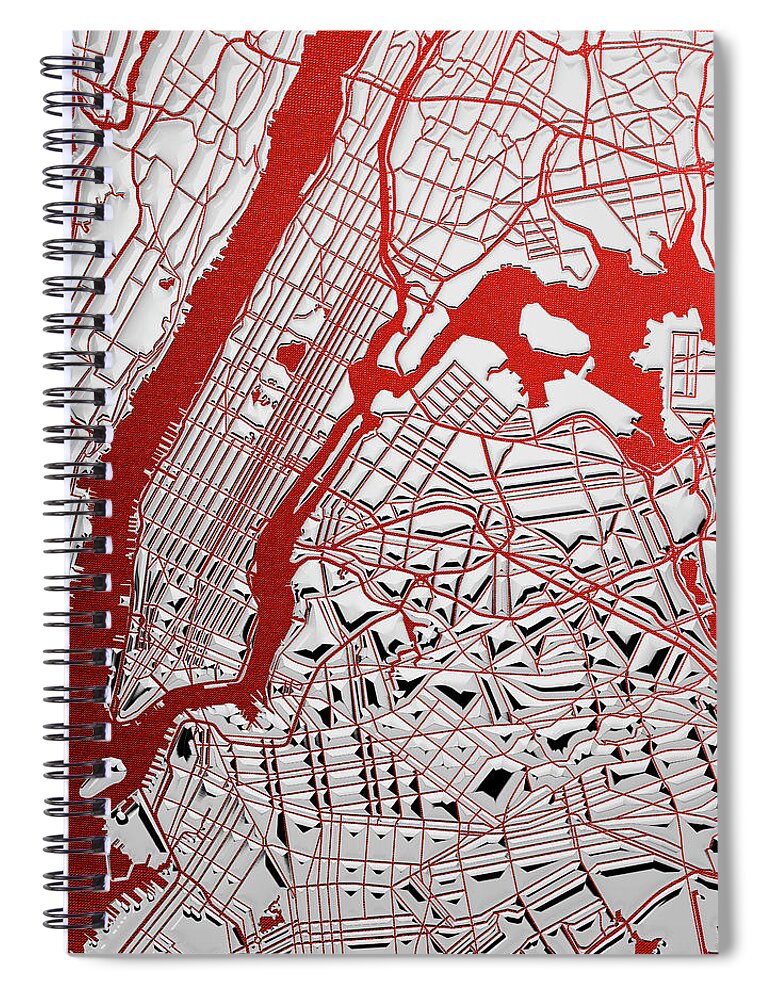 'nyc ' Collection By Serge Averbukh Spiral Notebook featuring the digital art Silver Cities - Silver City Map New York on Red by Serge Averbukh