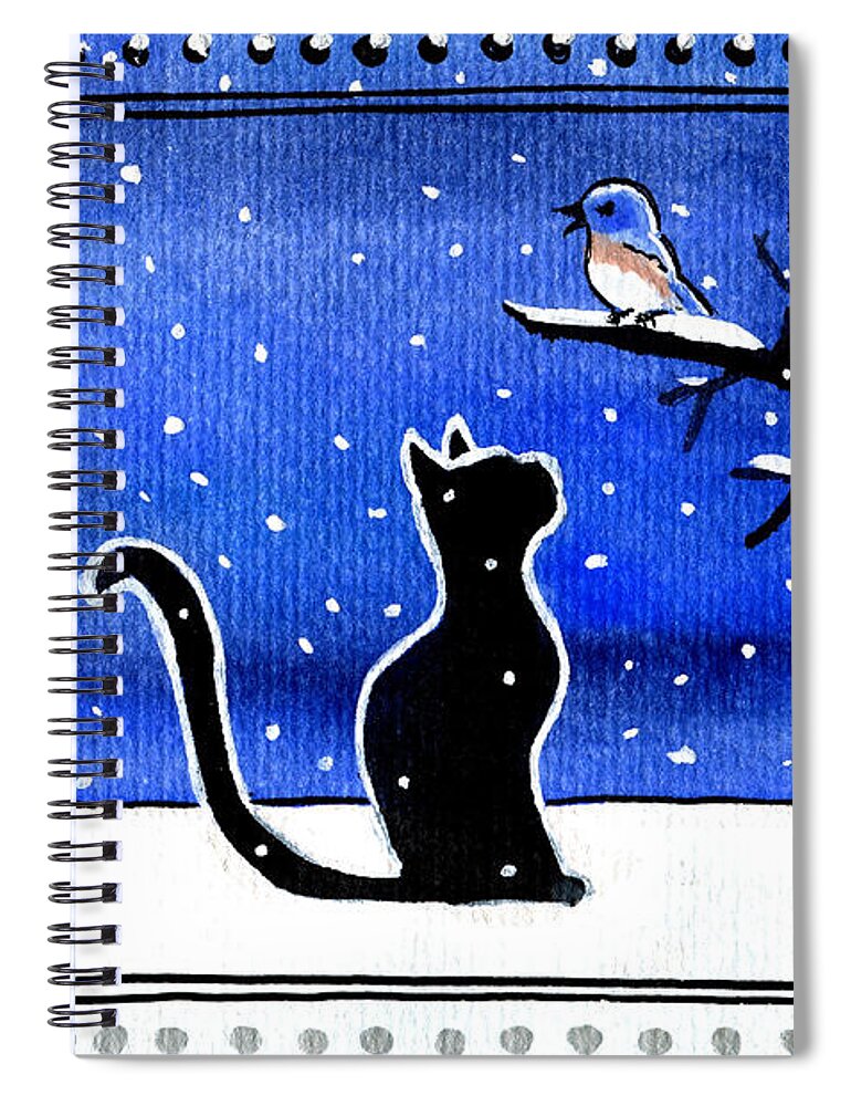 Cat Spiral Notebook featuring the painting Sing For Me - Black Cat Card by Dora Hathazi Mendes