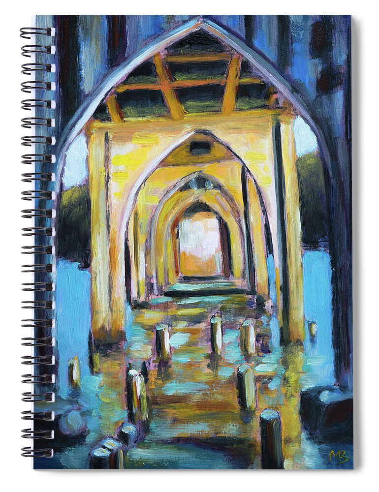 Siuslaw Spiral Notebook featuring the painting Siuslaw River Bridge by Mike Bergen