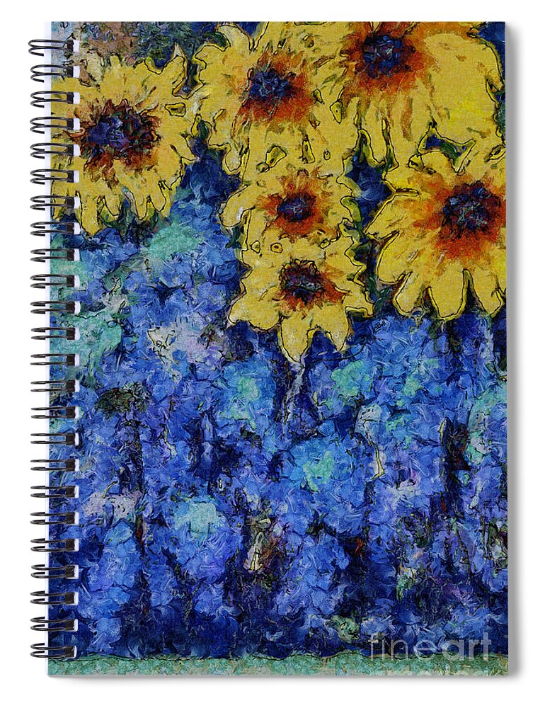 Sunflowers Spiral Notebook featuring the photograph Six Sunflowers on Blue by Claire Bull