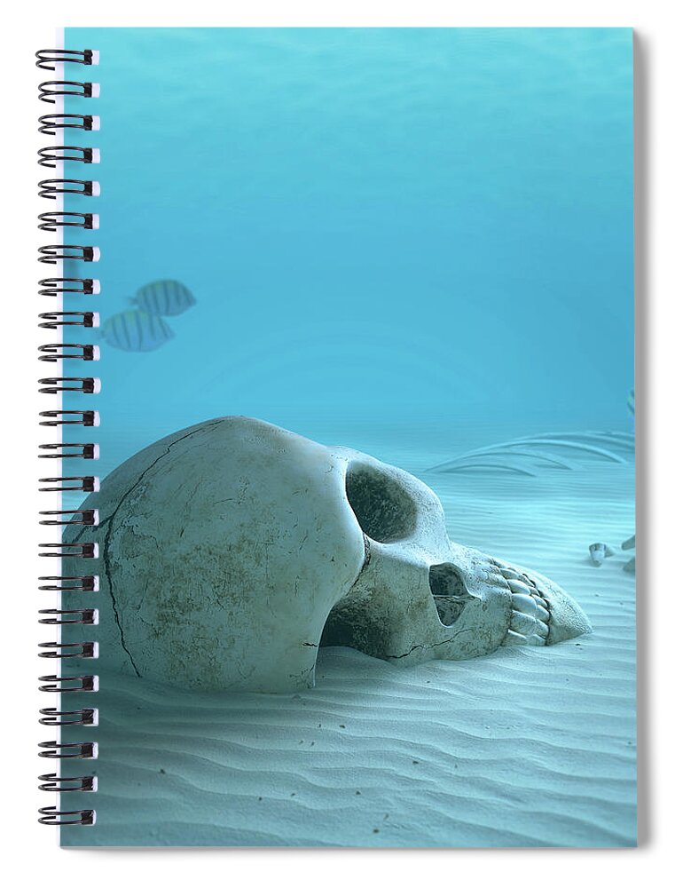 Skull Spiral Notebook featuring the photograph Skull on sandy ocean bottom by Johan Swanepoel