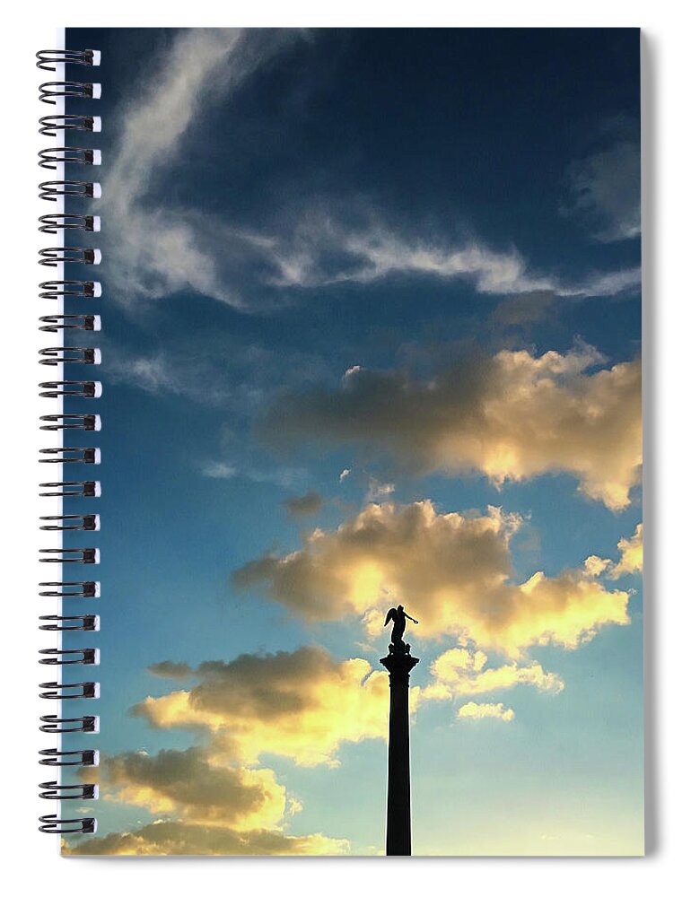 Sky Spiral Notebook featuring the photograph Sky clouds and statue in Stuttgart Germany by Matthias Hauser