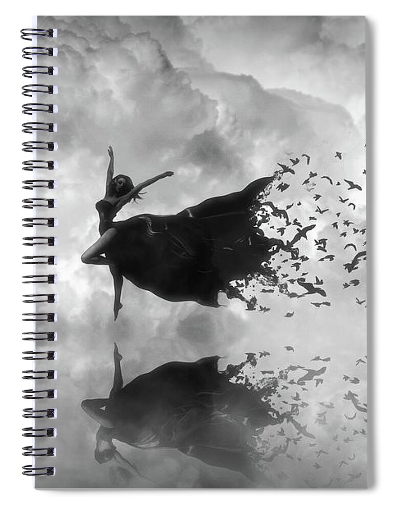 Dancer Spiral Notebook featuring the digital art Sky Dancer - black and white by Lilia D