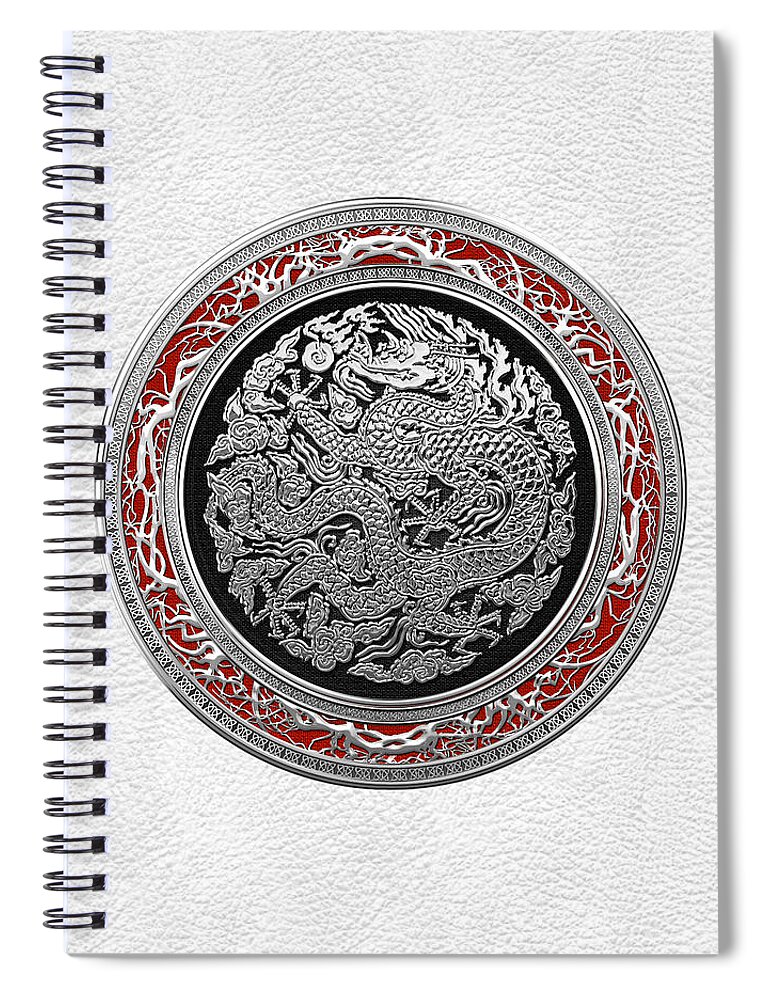 'treasure Trove' By Serge Averbukh Spiral Notebook featuring the digital art Sliver Chinese Dragon on White Leather by Serge Averbukh