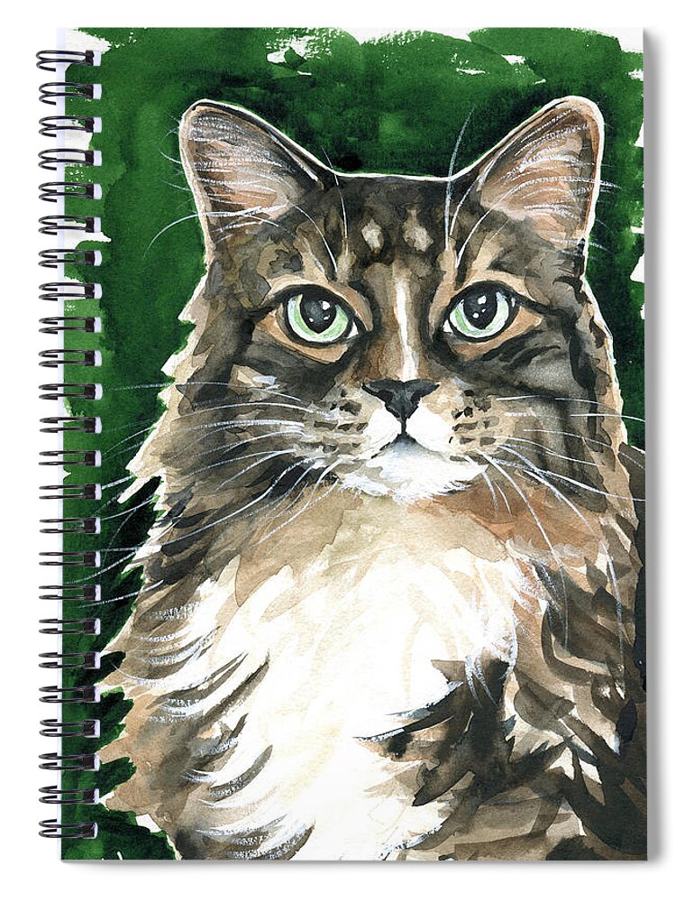 Cat Spiral Notebook featuring the painting Sly / Fluffy Tabby Cat Portrait by Dora Hathazi Mendes