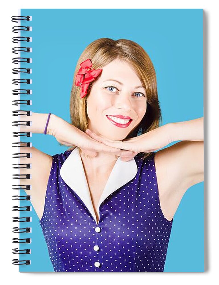 Happiness Spiral Notebook featuring the photograph Smiling retro woman showing lipstick makeup by Jorgo Photography