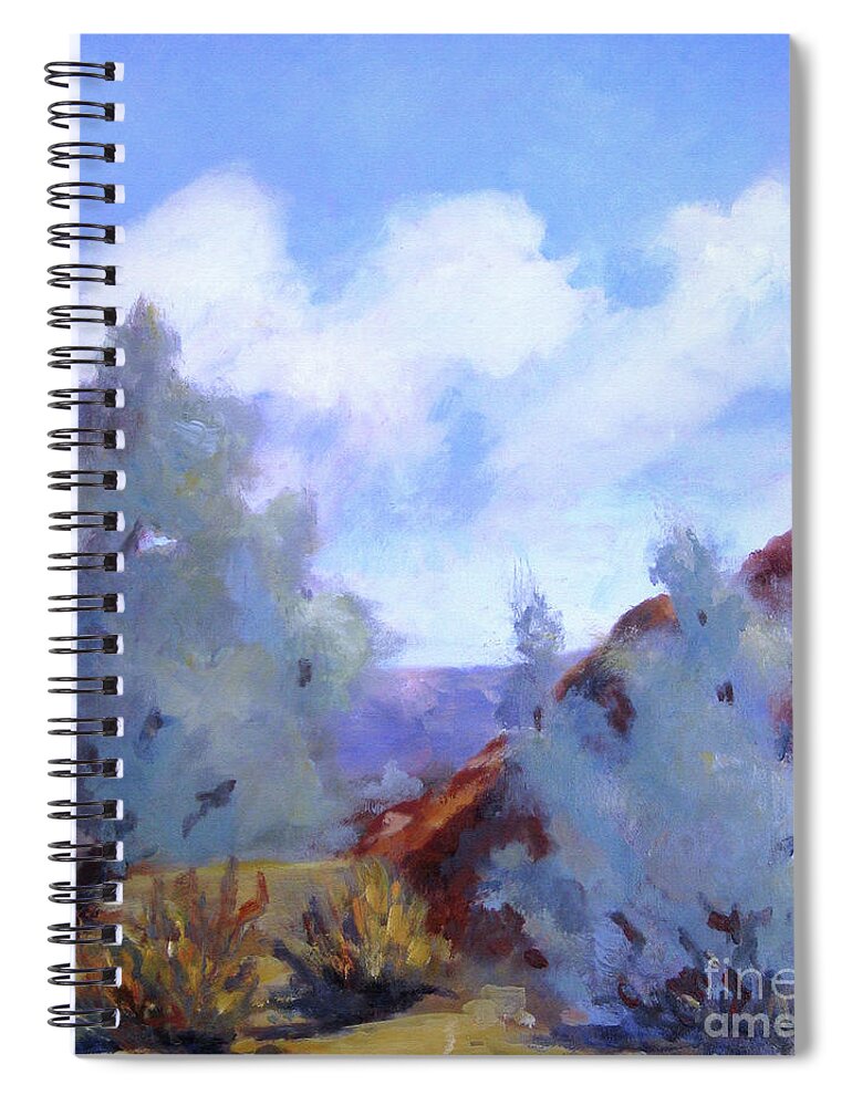 Landscape Spiral Notebook featuring the painting Smoke Trees in Bloom in Palm Desert by Maria Hunt