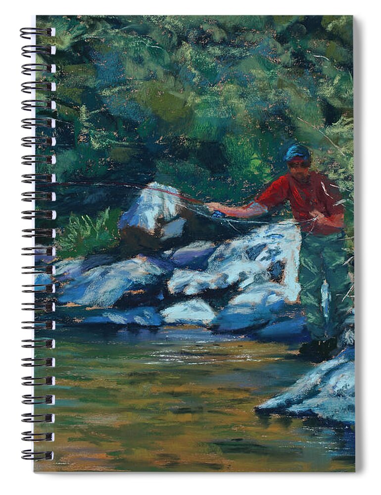 Flyfishing Spiral Notebook featuring the painting Sneaking Up on a Rainbow by Mary Benke