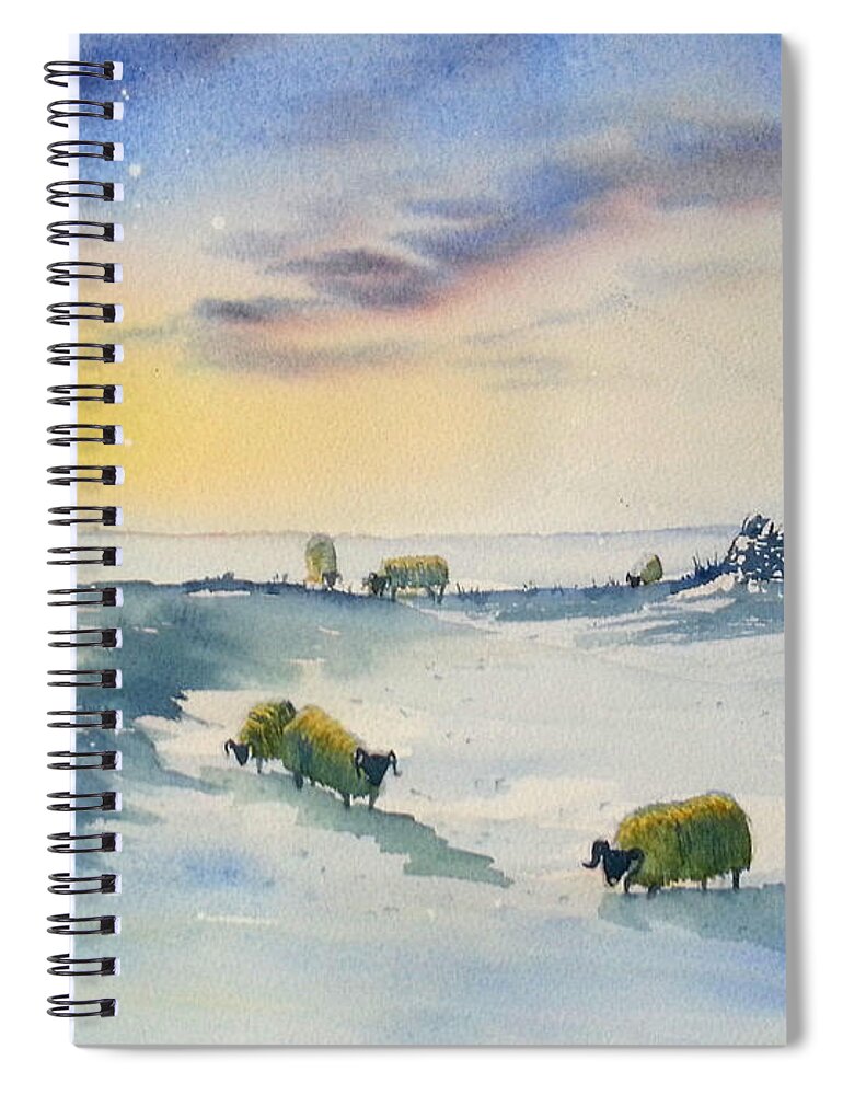 Glenn Marshall Yorkshire Artist Spiral Notebook featuring the painting Snow and Sheep on the Moors by Glenn Marshall