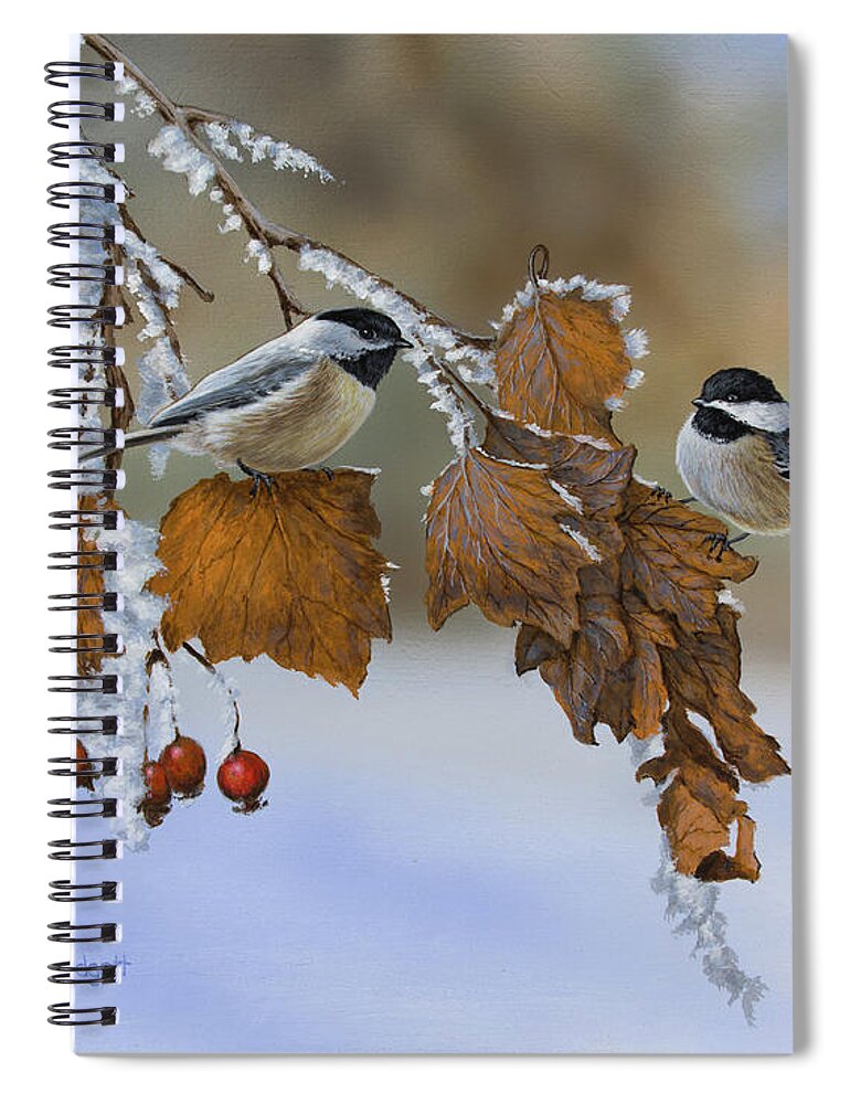 Chickadees Spiral Notebook featuring the painting Snow Chickadees by Anthony J Padgett