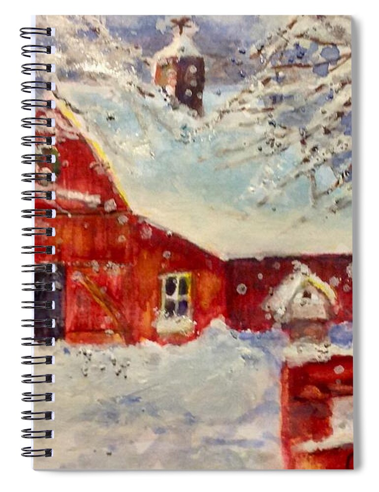 Barn Spiral Notebook featuring the painting Snowflakes Falling at the Red Barn by Cheryl Wallace