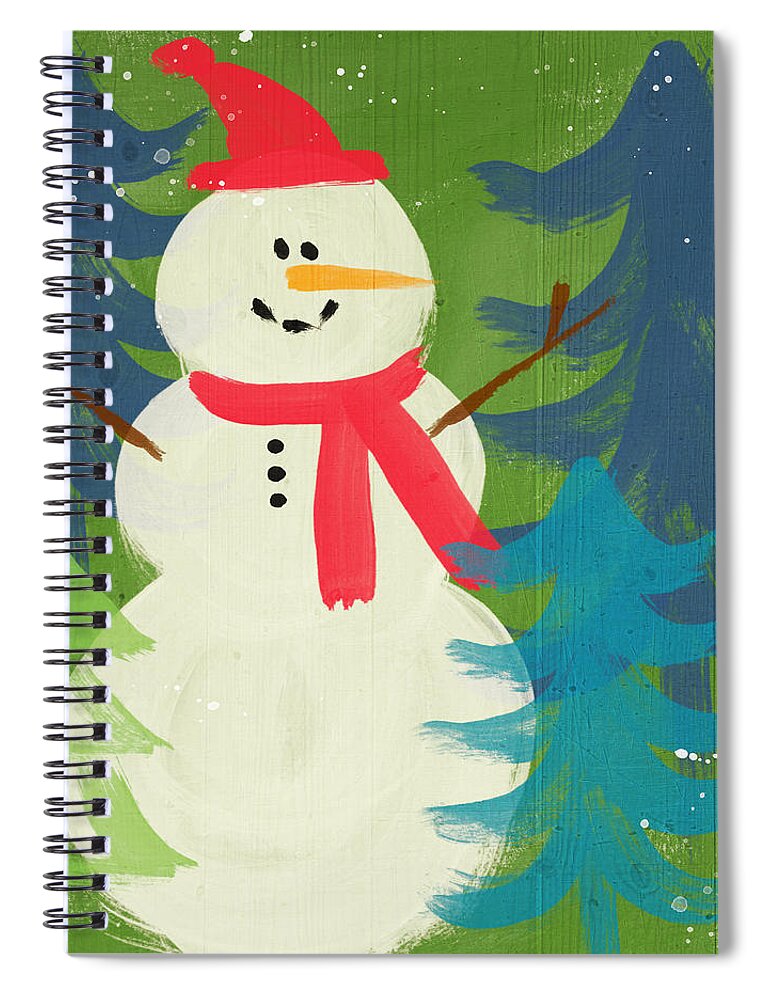 Snowman Spiral Notebook featuring the painting Snowman in Red Hat-Art by Linda Woods by Linda Woods