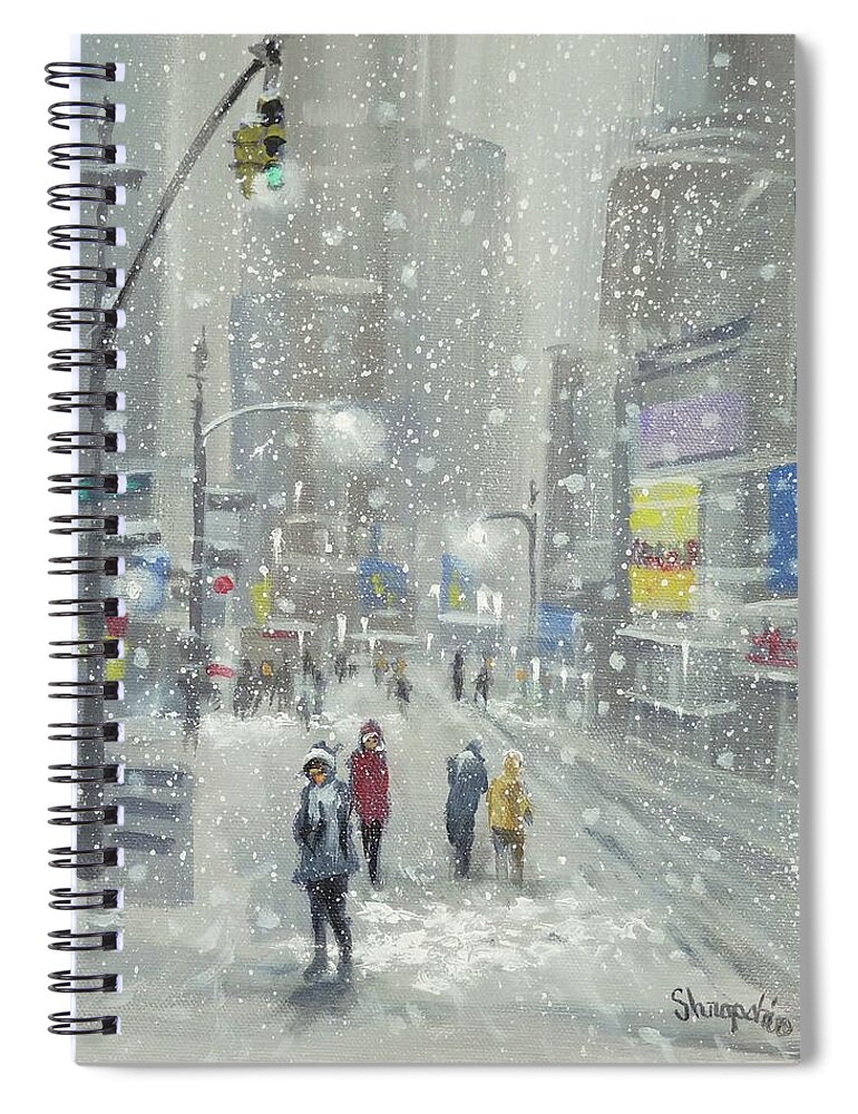 Falling Snow; New York; City Lights; Holiday Shoppers; Tom Shropshire Painting; Snowy Day; Cityscape; Urban Landscape; City Snow Spiral Notebook featuring the painting Snowy Day by Tom Shropshire