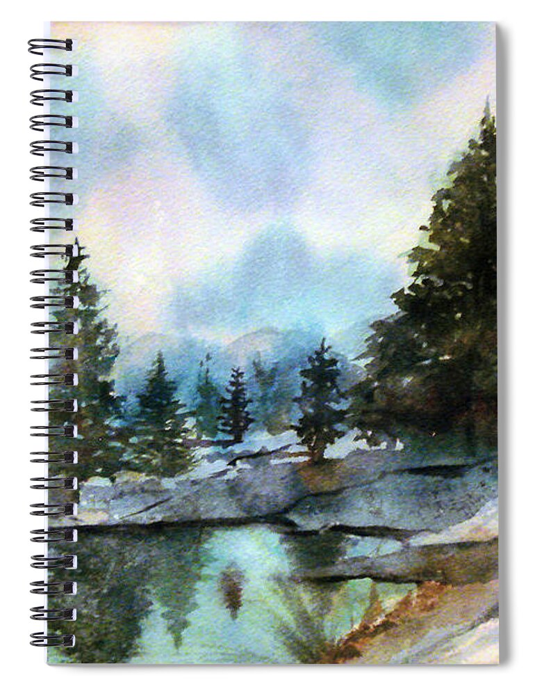 Watercolor Spiral Notebook featuring the painting Snowy Lake Reflections by Debbie Lewis