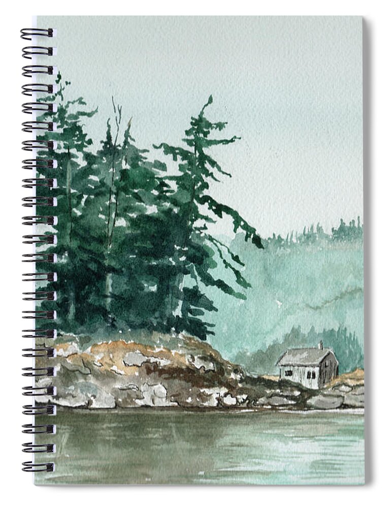 Landscape Watercolor Scenery Scenic Nature Wilderness Cabin Shack Trees Water Rural Spiral Notebook featuring the painting Sometimes A Great Notion by Brenda Owen