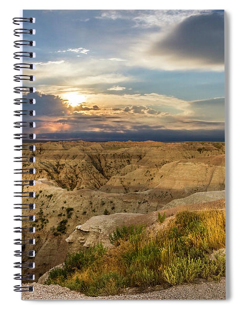 Badlands Spiral Notebook featuring the photograph South Dakota Sunrise by Karen Jorstad