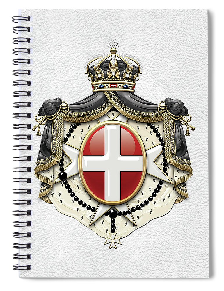 'ancient Brotherhoods' Collection By Serge Averbukh Spiral Notebook featuring the digital art Sovereign Military Order of Malta Coat of Arms over White Leather by Serge Averbukh