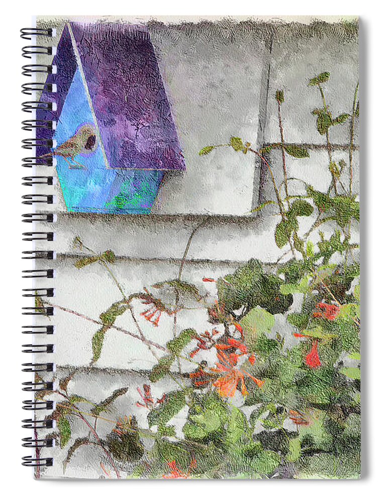 Nest Spiral Notebook featuring the digital art Sparrow At Home by Leslie Montgomery