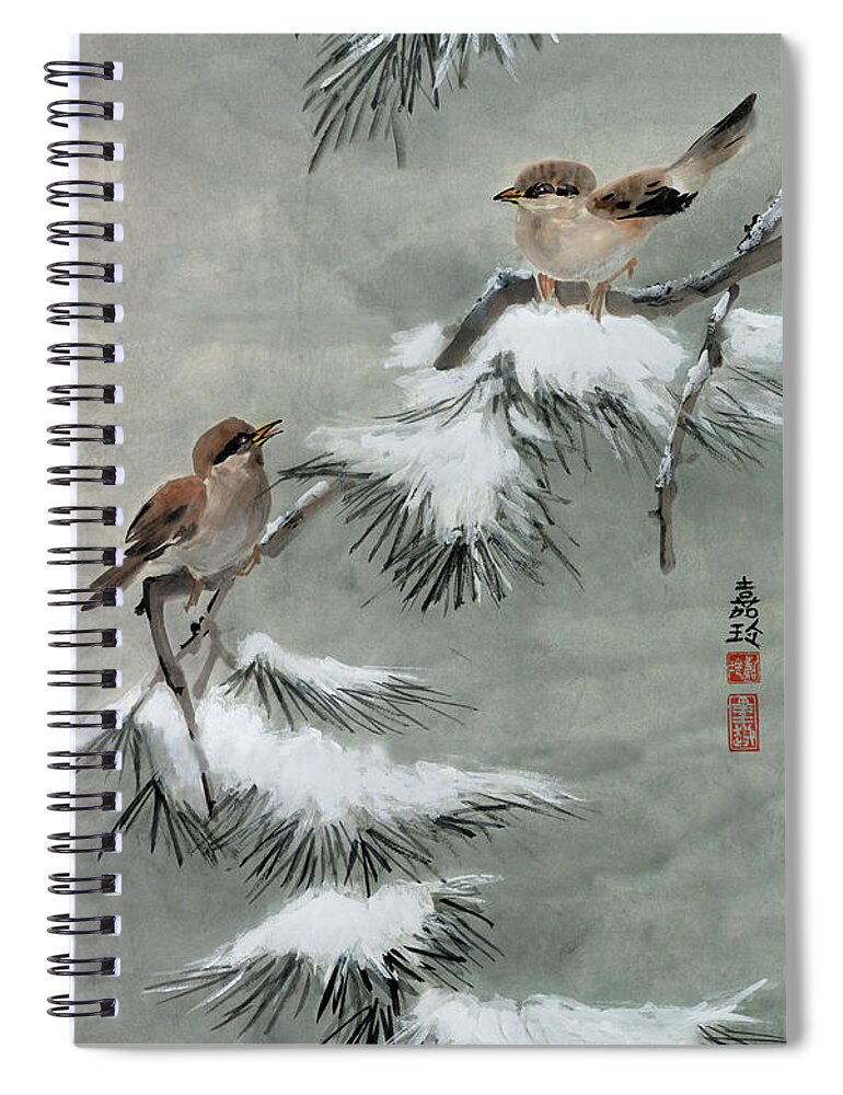 Snow Pine Spiral Notebook featuring the painting Sparrows on Snowy Pine by Charlene Fuhrman-Schulz