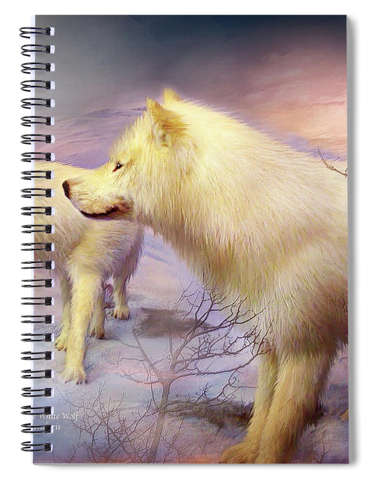 White Wolf Spiral Notebook featuring the mixed media Spirit Of The White Wolf by Carol Cavalaris