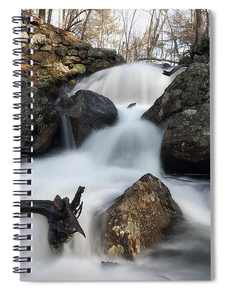 Rutland Ma Mass Massachusetts Waterfall Water Falls Nature New England Newengland Outside Outdoors Natural Old Mill Site Woods Forest Secluded Hidden Secret Dreamy Long Exposure Brian Hale Brianhalephoto Peaceful Serene Serenity Splits Tree Logs Divide Spiral Notebook featuring the photograph Splits by Brian Hale