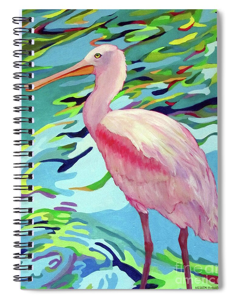 Contemporary Art Spiral Notebook featuring the painting Spoonbill MIRANDA by Sharon Nelson-Bianco