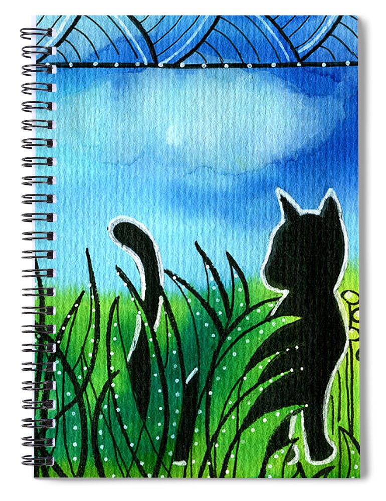 Spring Breeze Spiral Notebook featuring the painting Spring Breeze - Black Cat Card by Dora Hathazi Mendes