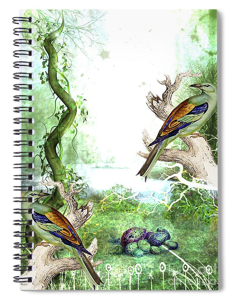 Nature Outdoors Green Bird Birds Egg Eggs Spring Seasonal Abstract Realism Fun Cheery Bright Happy Nesting Spiral Notebook featuring the mixed media Spring Is In The Air by Tammera Malicki-Wong