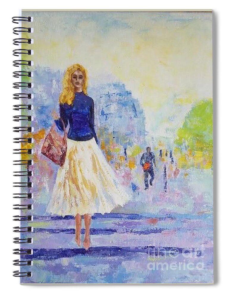 – Cityscape Spiral Notebook featuring the painting Spring walk by Olga Malamud-Pavlovich