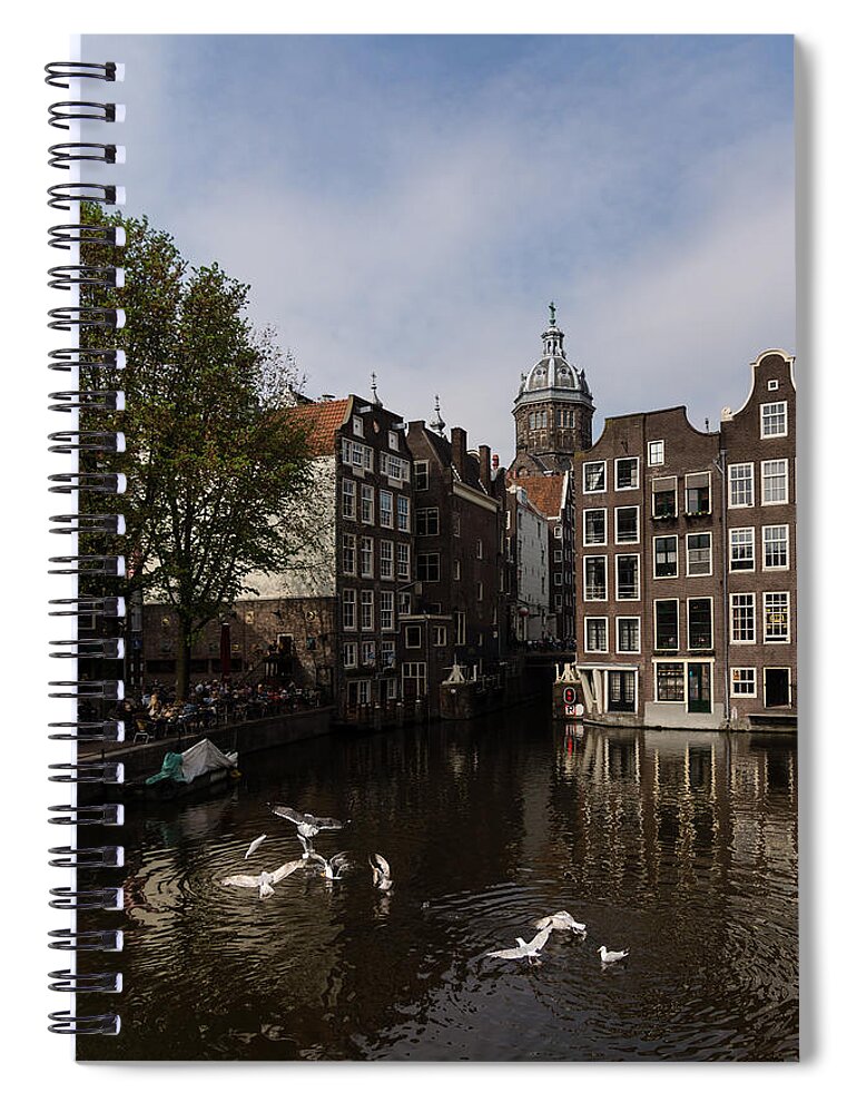 Georgia Mizuleva Spiral Notebook featuring the photograph Springtime Amsterdam - Noisy Seagull Commotion on the Canal by Georgia Mizuleva