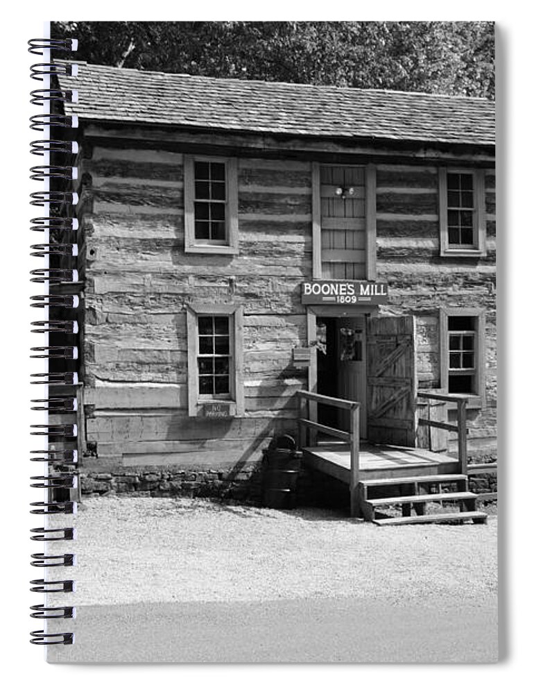 Log Buildings Spiral Notebook featuring the photograph Squire Boone's Mill black and white by Stacie Siemsen