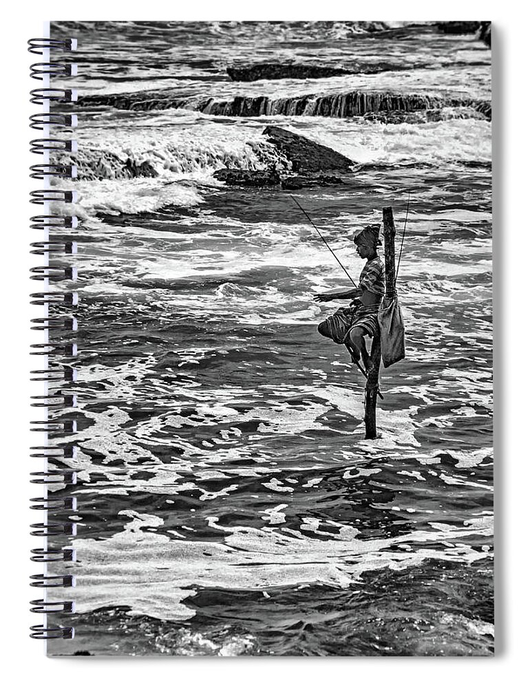 India Spiral Notebook featuring the photograph Sri Lanka - Stilt Fisherman 2 bw by Steve Harrington