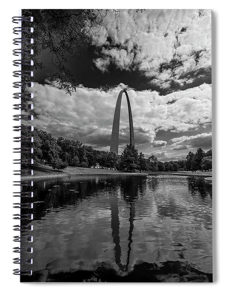 St. Louis Spiral Notebook featuring the photograph St. Louis Gateway Arch BnW Reflection 9599 by David Haskett II