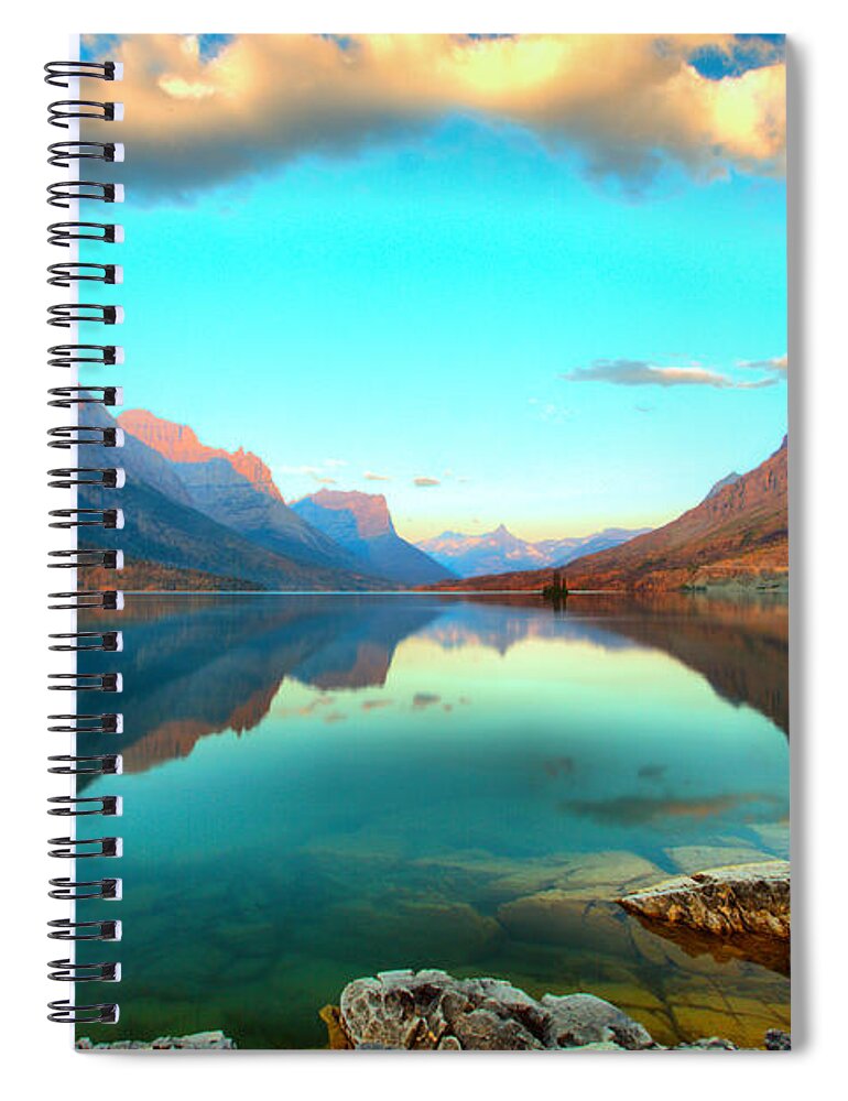 St Mary Lake Spiral Notebook featuring the photograph St Mary Lake Clouds And Calm Water by Adam Jewell