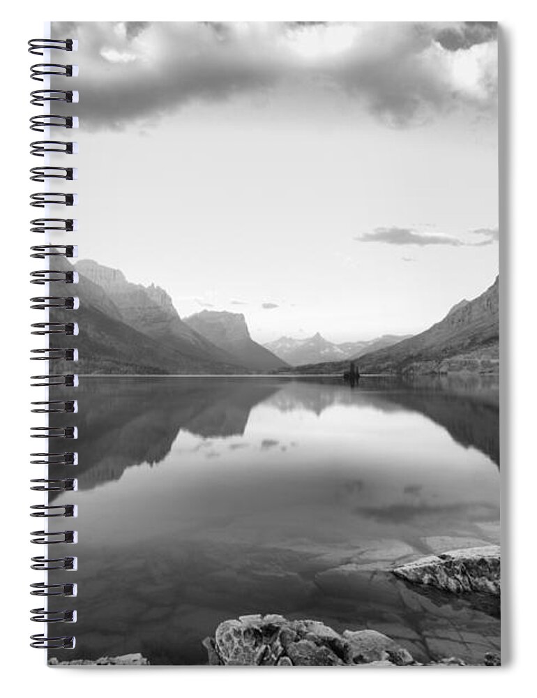 St Mary Lake Spiral Notebook featuring the photograph St Mary Lake Clouds And Calm Water Black And White by Adam Jewell